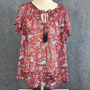 Knox Rose Red Floral Boho Tassel Front Blouse ~Women's XL~ Short Sleeve